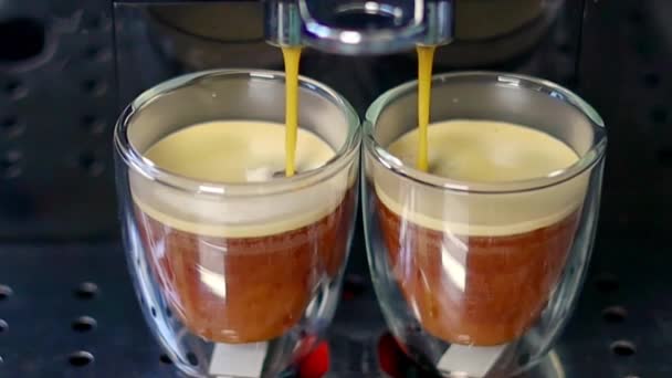 現代のコーヒーマシンは おいしいエスプレッソコーヒーを金属製のサポートに立って透明なカップにプールします コーヒー — ストック動画