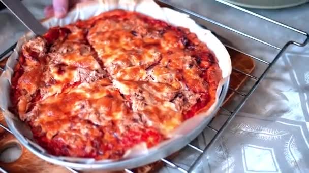 Κομμάτια Ιταλικής Πίτσας Τόνο Τοποθετούνται Πιάτο — Αρχείο Βίντεο