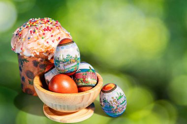 Paskalya ve yumurta arka planı. Geçmişi. Yumurtalı Paskalya pastası. Paskalya sembolü Paskalya kartı.
