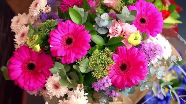 Beautiful Stylish Bouquet Various Bright Flowers Close Festive Bouquet Pink — Stock Video