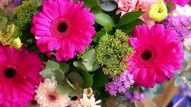 Çeşitli parlak çiçeklerden oluşan güzel bir buket. Pembe, mavi, mor, beyaz çiçeklerden oluşan bir buket..