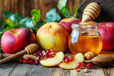 Geleneksel Yahudi Yeni Yılı yemekleri. Mutlu Rosh Hashanah konsepti. Elma, nar, tohumlar ve bal tahta bir arka planda cam bir kavanozda. Rosh Hashanah.