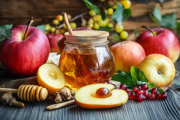 Geleneksel Yahudi Yeni Yılı yemekleri. Mutlu Rosh Hashanah konsepti. Elma, nar, tohumlar ve bal tahta bir arka planda cam bir kavanozda. Rosh Hashanah.