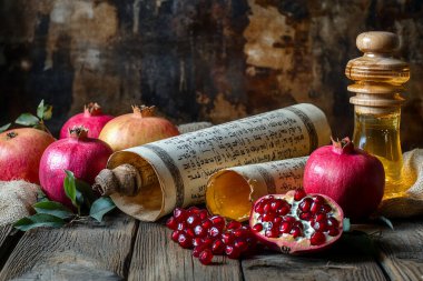 Geleneksel Yahudi Yeni Yılı yemekleri. Mutlu Rosh Hashanah konsepti. Nar, bal, şarap, mum ve Tevrat tomarları. Rosh Hashanah.