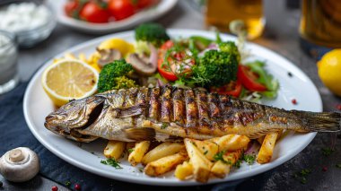 Baharatlı, salatalı ve sebzeli ızgara balık. Yemek fotoğrafı..