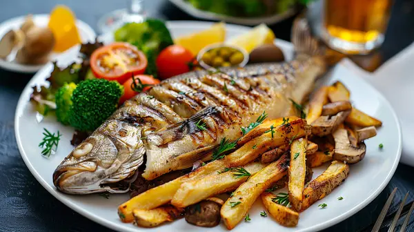 Baharatlı, salatalı ve sebzeli ızgara balık. Yemek fotoğrafı..