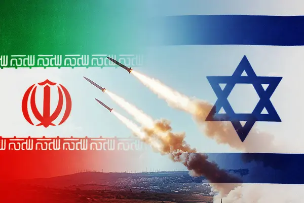 stock image Conflict between Iran and Israel, with symbols of war such as flames, missiles and fire. Israels war with Iran.