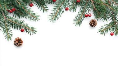 Beyaz arka planda izole edilmiş Noel çelengi. Yeşil köknar dalları, toplar, koniler, yıldızlar şeklinde yeni yıl dekoru. Tatil konsepti. Yerleşim planı. Noel.