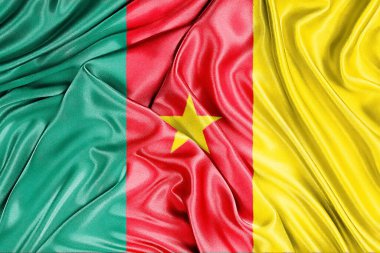 Kamerun 'un yakın çekimi ve rüzgarda dalgalanan bayraklar. Üç boyutlu illüstrasyon. Bayraklar.