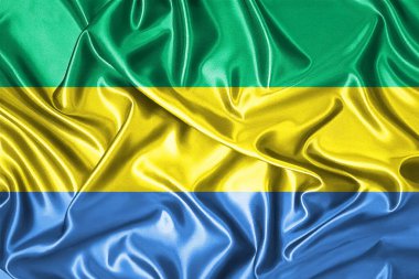 Gabon bayrağının rüzgarda dalgalanan yakın çekimi. Üç boyutlu illüstrasyon. Bayraklar.