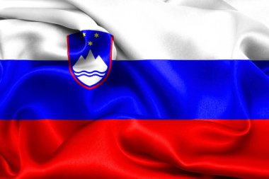 Slovenya bayrağının rüzgarda dalgalanan yakın çekimi. Üç boyutlu illüstrasyon. Bayraklar.