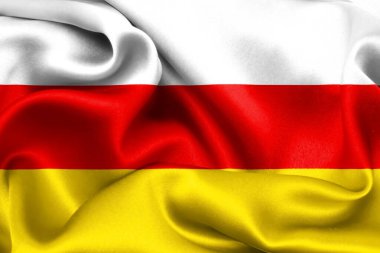 Rüzgarda dalgalanan Güney Osetya bayrağının yakın çekimi. Üç boyutlu illüstrasyon. Bayraklar.