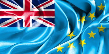 Tuvalu 'nun ulusal bayrağının rüzgarda dalgalanmasına yakın çekim. Üç boyutlu illüstrasyon. Bayraklar.