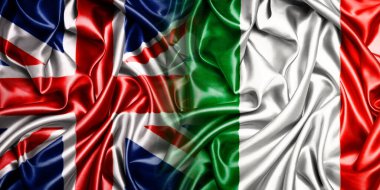 Büyük Britanya ve İtalya 'nın ulusal bayrakları bir araya getirilip yan yana çırpınan bir pamuk arkaplanda yerleştirilmiştir..