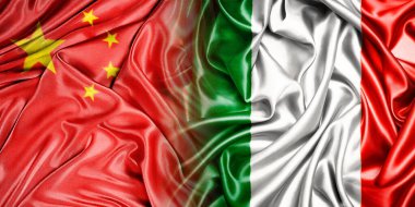 Çin ve İtalya 'nın ulusal bayrakları bir araya getirilip yan yana çırpınan bir pamuk zemin üzerinde yerleştirilmiştir..