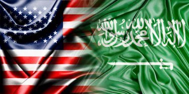 Birleşik Devletler ve Suudi Arabistan 'ın ulusal bayrakları tek bir bayrakta birleşir ve çırpınan bir pamuk zemin üzerinde yan yana yerleştirilir. Bayraklar.