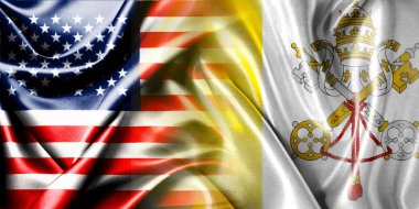 Birleşik Devletler ve Vatikan 'ın ulusal bayrakları tek bir bayrakla birleştirilip yan yana çırpınan bir pamuk arkaplanda yerleştirilmiştir..