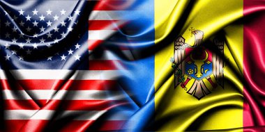 ABD ve Moldova 'nın ulusal bayrakları bir araya getirilip yan yana çırpınan bir pamuk zemin üzerinde yerleştirilmiştir..