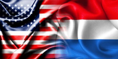 Birleşik Devletler ve Hollanda 'nın ulusal bayrakları bir araya getirilip yan yana çırpınan bir pamuk zemin üzerinde yerleştirilmiştir..