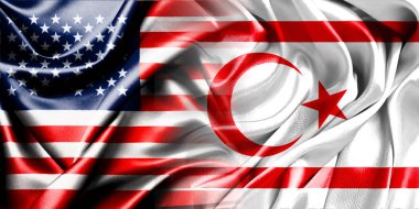 ABD ve Kuzey Kıbrıs 'ın ulusal bayrakları bir araya getirilerek yan yana çırpınan bir pamuk zemin üzerinde yerleştirildi.