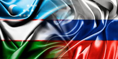 Rusya ve Özbekistan 'ın ulusal bayrakları bir araya getirilip yan yana çırpınan bir pamuk zemin üzerine konuyor..