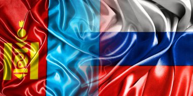 Rusya ve Moğolistan 'ın ulusal bayrakları bir araya getirilip yan yana çırpınan bir pamuk arkaplanda yerleştirilmiştir..