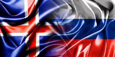 Rusya ve İzlanda 'nın ulusal bayrakları bir araya getirilip yan yana çırpınan bir pamuk arkaplanda yerleştirilmiştir..