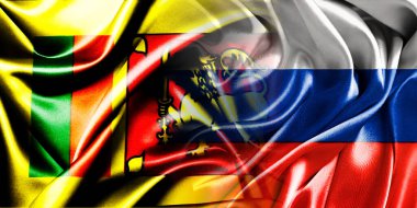 Rusya ve Sri Lanka 'nın ulusal bayrakları bir araya getirilip yan yana çırpınan bir pamuk arkaplanda yerleştirilmiştir..