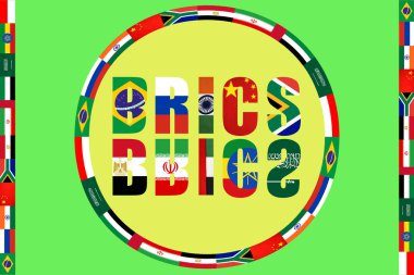 BRICS ülkeleri. Ulusal bayraklar, simgeler hazır. Brezilya, Rusya, Güney Afrika, Hindistan, Çin, Mısır, İran, BAE, Etiyopya Suudi Arabistan ve Endonezya BRICS