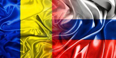 Rusya ve Romanya 'nın ulusal bayrakları bir araya getirilerek yan yana çırpınan bir pamuk zemin üzerinde yerleştirildi.