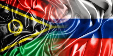 Rusya ve Vanuatu 'nun ulusal bayrakları bir araya getirilip yan yana çırpınan bir pamuk arkaplanda yerleştirilmiştir..