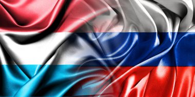 Rusya ve Lüksemburg 'un ulusal bayrakları bir araya getirilip yan yana çırpınan bir pamuk arkaplanda yerleştirilmiştir..