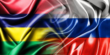 Rusya ve Mauritius 'un ulusal bayrakları bir araya getirilip yan yana çırpınan bir pamuk arkaplanda yerleştirilmiştir..