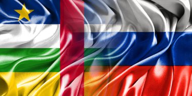 Rusya ve Orta Afrika Cumhuriyeti 'nin ulusal bayrakları bir araya getirilip yan yana çırpınan bir pamuk arkaplanda yerleştirilmiştir..