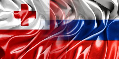 Rusya ve Tonga 'nın ulusal bayrakları bir araya getirilip yan yana çırpınan bir pamuk arkaplanda yerleştirilmiştir..