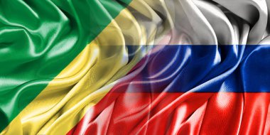 Rusya ve Kongo 'nun ulusal bayrakları bir araya getirilip yan yana çırpınan bir pamuk arkaplanda yerleştirilmiştir..