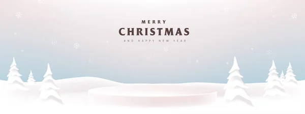 メリークリスマスバナー冬の風景背景雪製品表示円筒形 — ストックベクタ