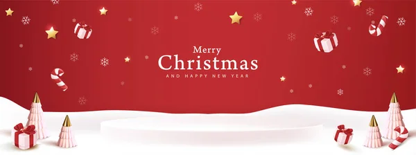 メリークリスマスバナー冬の風景背景と雪製品表示円筒形 — ストックベクタ