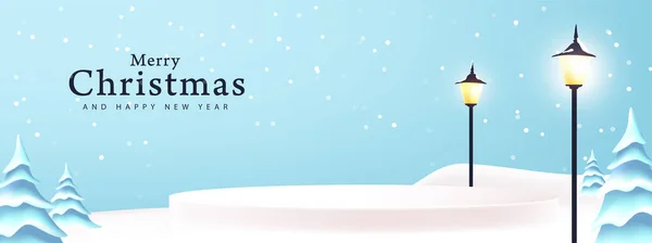 Frohe Weihnachten Banner Winter Landschaft Hintergrund Und Schnee Produktanzeige Zylindrische — Stockvektor
