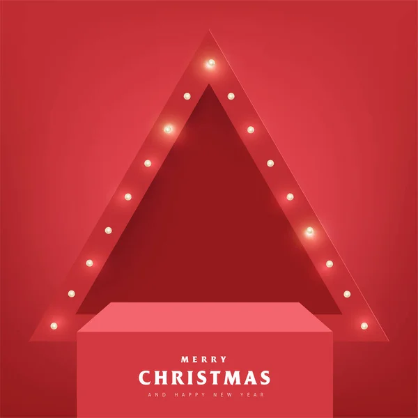 Veselé Vánoce Banner Červeným Produktem Displej Retro Žárovky Znamení Pozadí — Stockový vektor