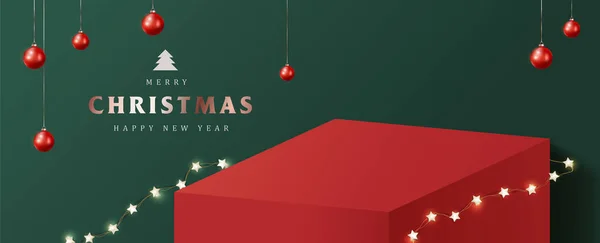 クリスマスのための製品テーブルディスプレイとお祝いの装飾付きメリークリスマスバナー — ストックベクタ