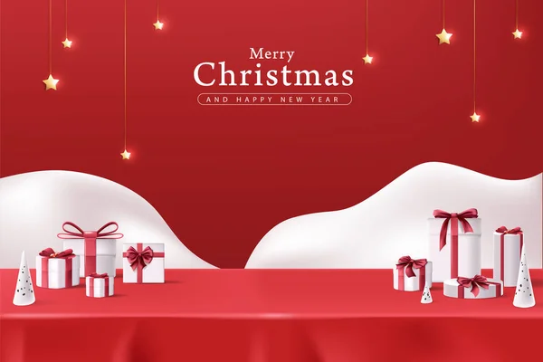 圣诞横幅红色桌布产品展示与复印空间和礼品盒装饰 — 图库矢量图片
