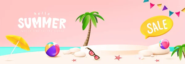 Summer Travel Banner Display Podium Sand Summer Beach Scene Design — Stock Vector