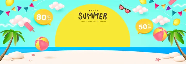 サンセット付き夏のポスターバナーと夏のビーチシーンのデザインの背景 — ストックベクタ