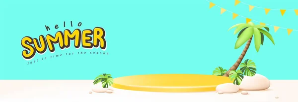 Баннер Летнего Путешествия Желтым Цветом Подиуме Летней Тропической Пляжной Сцены — стоковый вектор