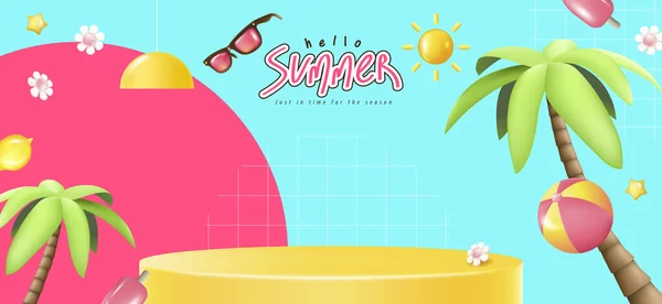 Sommer Werbeplakat Banner Mit Gelbem Podium Produktanzeige Sommer Tropischen Strand — Stockvektor