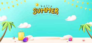 Yaz tatili afişi kum ve yaz sahnesi tasarımlı podyum sergiliyor. 