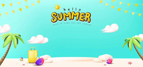 Summer Travel Poster Banner Display Podium Sand Summer Beach Scene — Image vectorielle