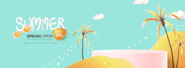 プロダクトディスプレイ円筒形と夏のビーチシーンデザインとプロモーションのための夏の販売ポスターバナーテンプレート — ストックベクタ