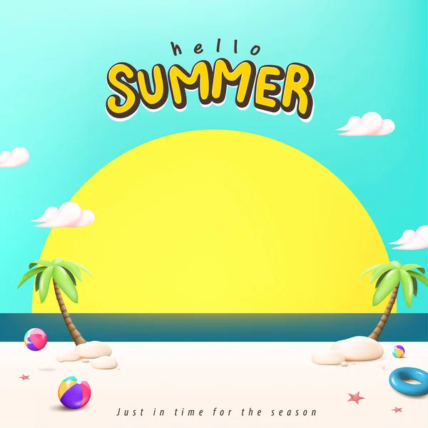 砂と夏のビーチの夕日のシーンデザインと夏の旅行ポスターバナー — ストックベクタ